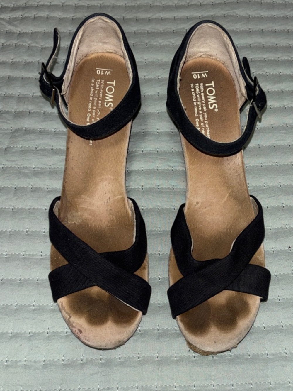 TOMS Leather Cork Wedge Ankle Strap Sandals - Black - W10